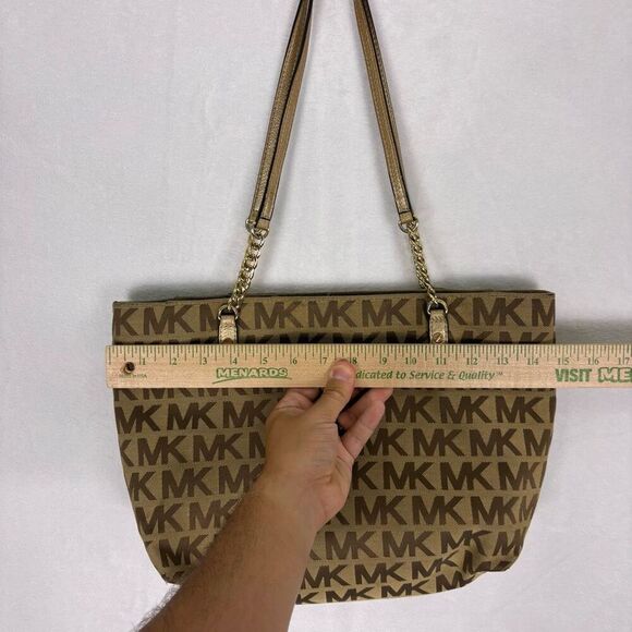 Michael Kors Brown Monogram Large Shoulder Purse with Gold Straps - Picture 6 of 13